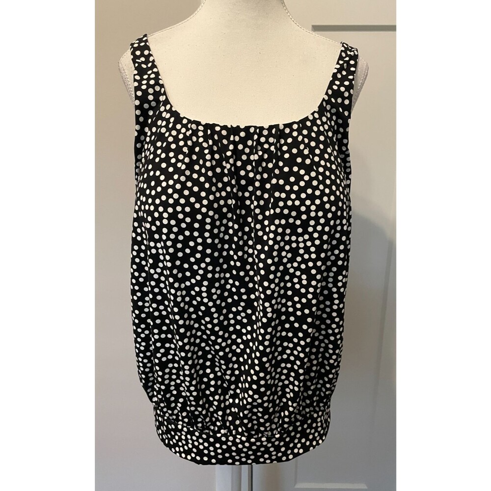 LANDS END Womens SWIM TOP Bathing Suit BLACK White DOTS Built-In Bra Size 14